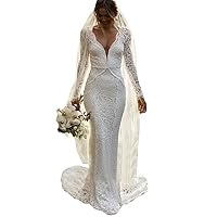 Mermaid Vintage Wedding Dresses 2023 Long Sleeve V Neck Beach Long Bridal Gown