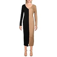 Women's V-Neck Colorblock Button Front Sweater Dress, Black/Toffee, L, Large
