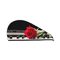 Microfiber Hair Towel Wrap for Women Girls, Red Rose on Piano Dry Hair Cap, Super Absorbent Soft Quick Dry Hair Turban for All Hair Style Anti Frizz Large Hair Drying Towel with Button