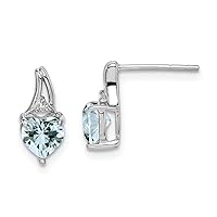 925 Sterling Silver Polished Rhodium Plated Diamond Aquamarine Love Heart Post Earrings Measures 10x5mm Wide Jewelry for Women