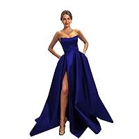Womens Long Strapless Satin Prom Dress Sleeveless Slit Evening Ball Gown with Pockets