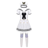 ACSUSS Kids Girls 3 Pieces Sailor Dress Uniforms Outfits Navy Captain Nautical Costume Collar Dress with Hat Socks