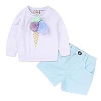 Kids Girls Cartoon Clothes Set Ice Cream Cone Pompom Shirt Tops+Blue Denim Shorts Fashion Outfit Clothing