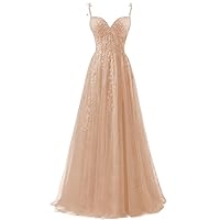 YUAOHUANG Lace Applique Tulle Prom Dresses for Women Long Spaghetti Straps Formal Evening Party Gown Ball Gown with Slit