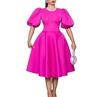 Women's Solid Color Puff Sleeve Dress Elegant Round Neck Short Sleeves High Waist Big Swing Midi Dress Cocktail Gown