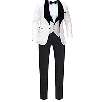 Mens 3 Piece 1 Button Black Shawl Lapel Ivory White Pattern Suits