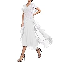 V-Neck Mother of The Bride Dresses Chiffon Short Sleeve Evening Gowns High Low Wedding Guest Dresses for Women