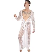 Men's Sexy Bathrobe Lingerie Floral Lace Mesh Nightgown Bath Robe Sissy G-String Thong Panties 2PCS Sleepwear Pajamas