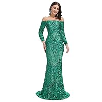 Womens Sexy Long Sleeves Sequins Mermaid Evening Dress Off Shoulder Party Gowns Formal Maxi Dress