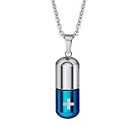 Stainless Steel Pill Capsule Cross Necklace Tube Urn Keepsake Cremation Ashes Memorial Pendant 22 Inch, Silver Black