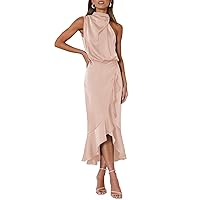 MITILLY Women's Satin Sleeveless Mock Neck Elastic Waist Bodycon Wrap Mermaid Hem Formal Cocktail Party Maxi Dress