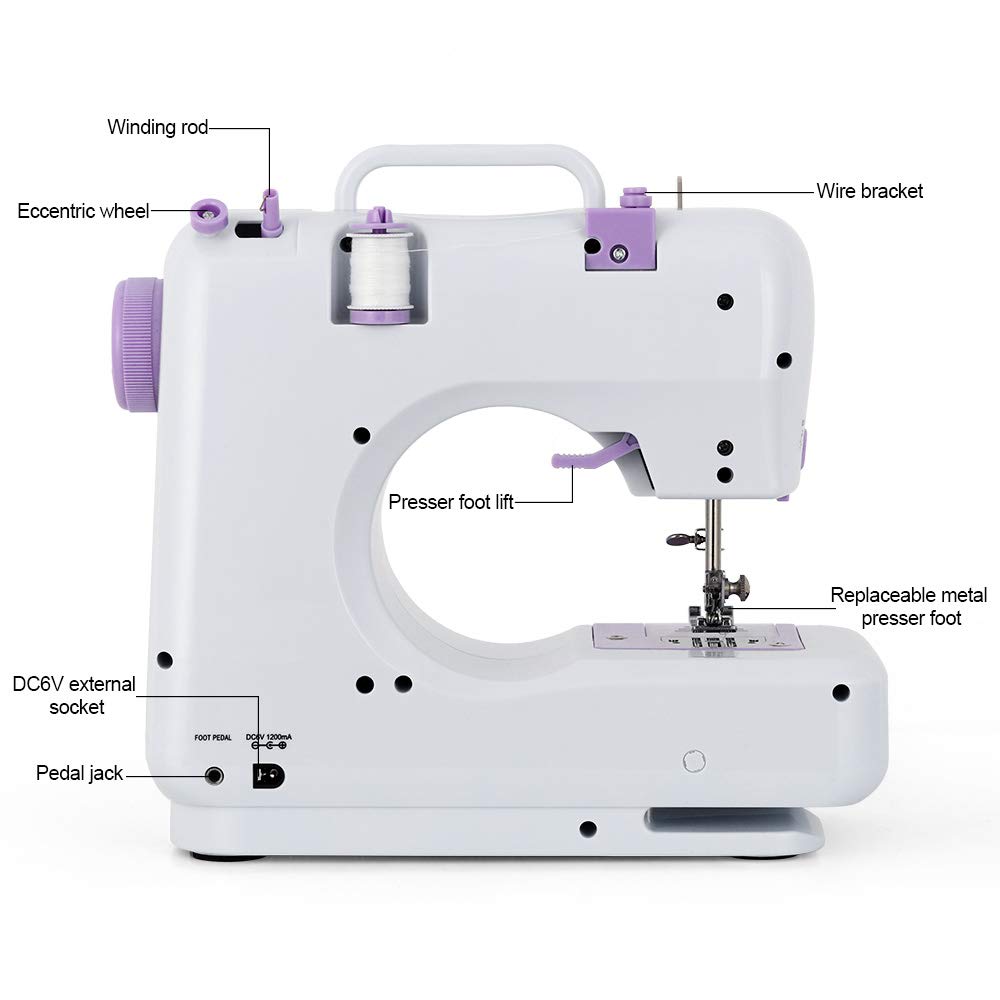 Portable Sewing Machine Mini Electric Household Crafting Mending Sewing Machines Multi-Purpose 12 Built-in Stitches with Foot Pedal for Home Sewing, Beginners, Kids (Purple)