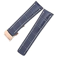 22 24mm Genuine Leather Bamboo Texture Watchband for Breitling Black Blue Soft Deployment Clasp Buckle (Color : Blue, Size : 22mm)