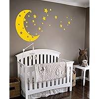Moon and Stars Night Sky Vinyl Wall Art Decal Sticker Design for Nursery Room DIY Mural Decoration (Light Yellow, 30x65 inches)