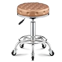 Round Rolling Swivel Stool with Wheels and Thicker Seat, Adjustable Height PU Leather Bar Stool Office Shop Stool with Footrest Massage SPA Stool Hairdressing Salon red (Gold)