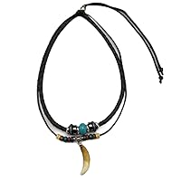 Loazyanc Wolf Tooth Pendant Necklace Adjustable Tribal Leather Neck Chain Layered Braided Beaded Necklace.
