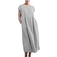 Women Cotton Linen Long Dresses Casual Sleeve Round Neck Midi Length Dress Solid Loose Casual Pockets Maxi T Shirt Dress