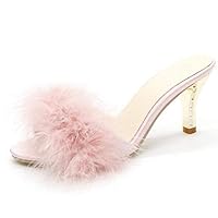 Women's Feather Thin High Heels Peep Toe Fur Slippers Mules Lady Pumps Slides