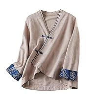 Spring Summer Chinese Style Qipao Blouse Embroidery Shirt Women's Tea Art Linen Loose top