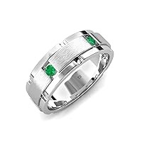 Round Emerald 0.16 ctw Satin Finished Center and Polished Edges with Grooved Lines Men Wedding Band 14K Gold
