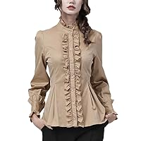Womens Long Sleeve Ruffled Blouse Cotton Top Autumn Solid Color Pearls Decoration Slim Button-Down Tunic Shirt