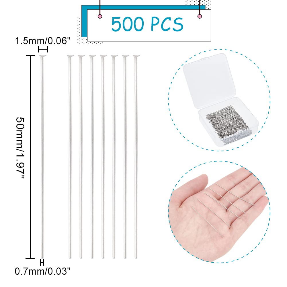 UNICRAFTALE 500pcs Stainless Steel Head Pins, 50mm Long Flat Head pins, Eye pins Findings Earring Pins for Jewelry Making DIY Craft with Storage Container 0.7mm Thick, Head 1.5mm