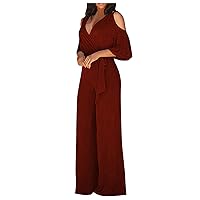 Womens Jumpsuits,Sexy Casual V-Neck Short Sleeve Solid Jumpsuit Off Shoulder Wide Leg Loose Summer Rompers