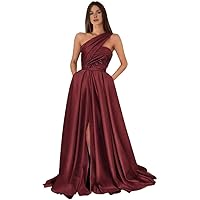 SDPANLLD one Shoulder Prom Dresses 2024 a-line Satin Womens Spring Fashion 2024 with Pockets and Slit