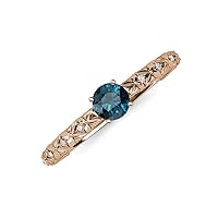 Round Blue and White Lab Grown Diamond 0.78 ctw Floral Engraved Milgrain Womens Engagement Ring 14K Gold