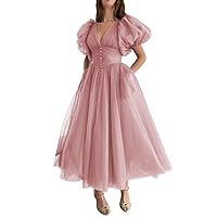 V Neck Puffy Sleeve Prom Dresses for Women A Line Tulle Formal Dresses Elegant Evening Party Gowns with Pockets