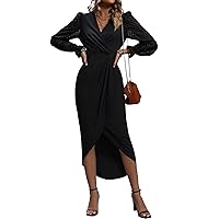 Fall Dresses for Women 2023 Flounce Sleeve Wrap Hem Dress Elegant V Neck Long Sleeve Fitted Dress