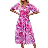 Party Vacation Women Sexy V-Neck Printed Spliced Dress Lantern Sleeves Waist Slim Fit Dress Spring Women's Wear M Rose red