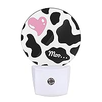 Cow Nightlight Black Cow Print with Cute Pink Heart Night Lights Plug into Wall Dusk to Dawn Sensor Round Night Light for Adults Boys Girls, 0.5W Energy Efficient