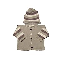 Knitted Grey Cotton Striped Cardigan Hat Set for Ages 0-6 Months
