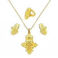 Ethiopian Jewelry - Ethiopian Jewelry for Women Set - Etiopian Jewelry - Ethiopian Cross Jewelry Sets Necklace Earrings Ring for Women Gold Color Eritrean African Bridal