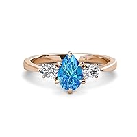 Blue Topaz Pear Shape 9x7 mm 2.05 ctw accented Natural Diamond Three Stone Women Engagement Ring using Tiger Claw Setting in 14K Gold