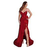 Mermaid Satin Prom Dresses Spaghetti Straps V Neck Formal Dresses Slit Party Dresses