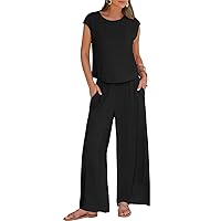 MEROKEETY 2024 Two Piece Outfits for Women Lightweight Matching Lounge Sets Cap Sleeve Top and Elastic Waisted Pants Set