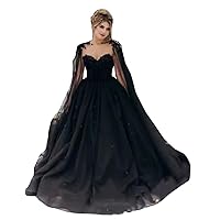 Melisa Gothic Black Sweetheart Neck Cape Lace up Corset Wedding Dresses for Bride with Train Bridal Ball Gowns
