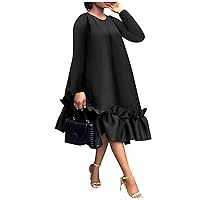 Dresses for Women Solid Color Round Neck Long Sleeve Vintage Ruffle Dress Casual Loose Holiday Dress