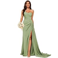 Dessiny Women's One Shoulder Bridesmaid Dresses 2024 with Slit Wrap Long Ruched Satin Formal Prom Gowns for Party DE94