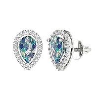 2.46cttw Pear Round Cut Halo Solitaire Genuine Blue Moissanite Pair of Solitaire Stud Screw Back Earrings 18kWhite Gold