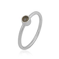 Round Labradorite 925 Sterling Silver Ring, Minimalist Dainty Tiny Ring for Girls and Women Size US 5-13