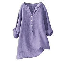 Linen Shirts for Women 3/4 Sleeve Cotton Linen Blouses Top V-Neck Batwing T-Shirt Solid Color Loose Summer Tops