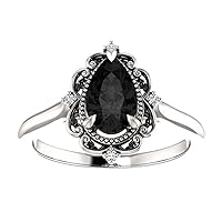 Vintage Black Engagement Ring, Victorian 1 CT Pear Black Diamond Ring, Filigree Pear Black Onyx Ring, 10K Solid White Gold Ring, Perfact for Gift