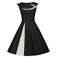 Women Polka Dot Vintage 50s Dress Color Block Turndown Collar A-line Hepburn Style Cocktail Swing Dresses