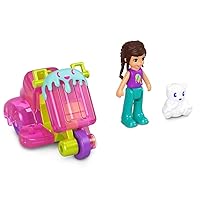 Polly Pocket Collectible Micro Mini Metal Vehicle, Poseable Doll and Pet Set - Polly's Friend Ice Cream Theme Doll with 3 Wheel Scooter Car and White Bear Sidekick Playset