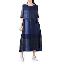 Womens Retro Loose Casual Pullover Cotton Long Skirt Plaid Dress Dresses for Beach