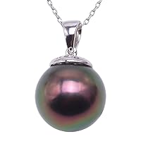 JYX Pearl 18K Gold Pendant AAA Quality 12mm Round Peacock Green Tahitian Cultured Pearl Pendant Necklace