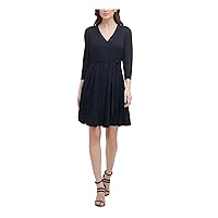 DKNY Womens Stretch Belted Lined Button Front 3/4 Sleeve V Neck Above The Knee Evening Fit + Flare Dress